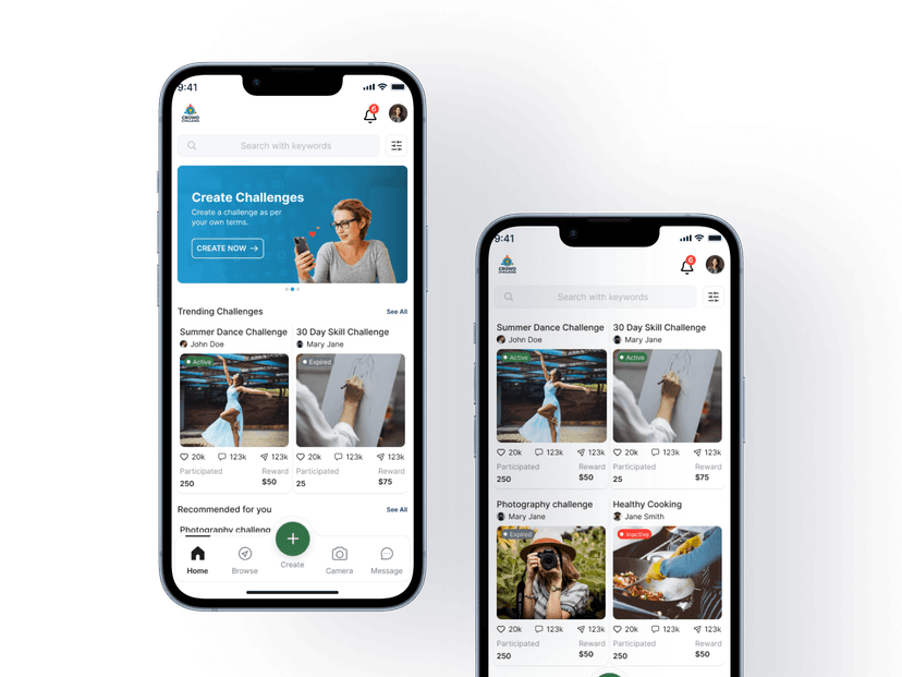Crowd Challenge mobile app interface showing challenge submission and voting screens on iPhone and Android